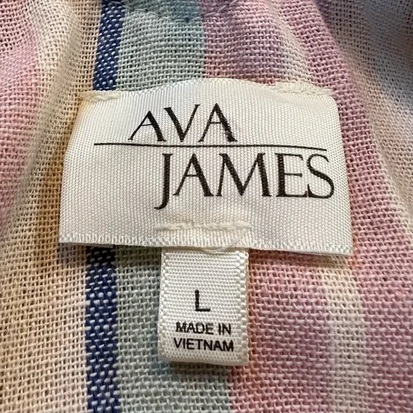 Ava James NWT Linen Blend Off The Shoulder Blouse Sz M Pastel Striped Pink Blue - Picture 8 of 10